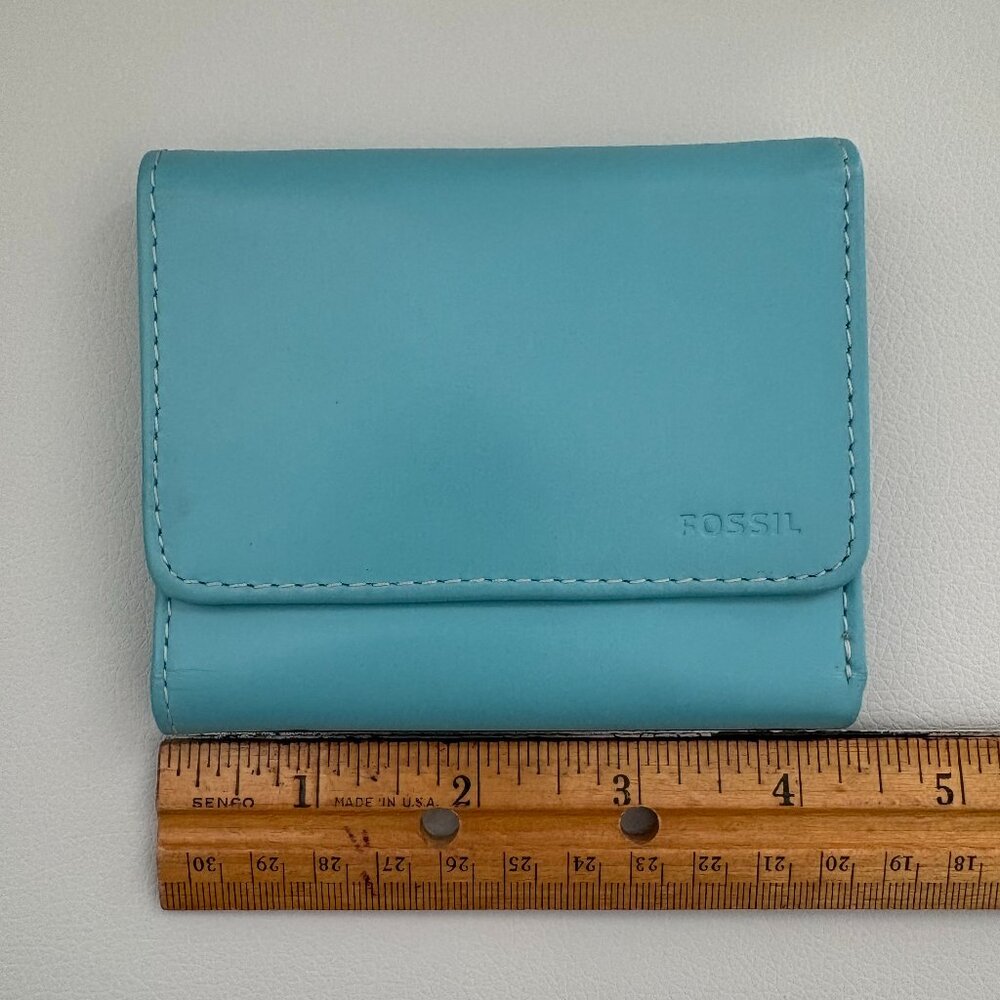 Leather Tri Fold Wallet Fossil Turquoise Blue